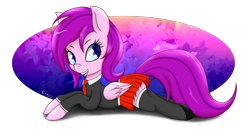 Size: 2200x1155 | Tagged: safe, artist:canister, oc, oc only, pegasus, pony, clothes, cute, female, mare, ocbetes, pleated skirt, prone, simple background, skirt, solo, stockings, thigh highs, transparent background