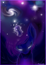 Size: 2507x3541 | Tagged: safe, artist:monochromacat, princess luna, alicorn, pony, dark, eyes closed, galaxy mane, magic, one layer, signature, solo, space