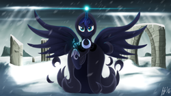 Size: 1920x1080 | Tagged: safe, artist:jphyperx, princess luna, alicorn, pony, a hearth's warming tail, cloak, clothes, magic, snow, snowfall, solo, spirit of hearth's warming yet to come