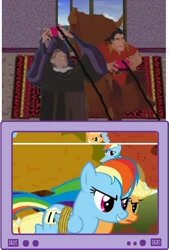 Size: 555x820 | Tagged: safe, applejack, rainbow dash, human, pony, beauty and the beast, exploitable meme, frollo, gaston, meme, the frollo show, tv meme, videogame meme