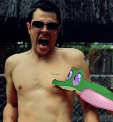 Size: 800x868 | Tagged: safe, gummy, pinkie pie, human, irl, irl human, jackass, johnny knoxville, photo, pinch, ponies in real life