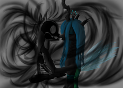 Size: 1400x1000 | Tagged: safe, artist:klystron2010, queen chrysalis, changeling, changeling queen, duality, fanfic art, female, kissing, skeleton