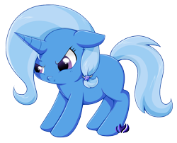Size: 850x687 | Tagged: safe, artist:raininess, derpibooru import, trixie, pony, unicorn, alternate hairstyle, blank flank, cute, diatrixes, female, mare, missing cutie mark, pouting, simple background, solo, younger