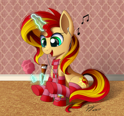 Size: 3000x2813 | Tagged: safe, artist:duskie-06, sunset shimmer, pony, unicorn, clothes, cotton candy, cute, earbuds, female, food, glowing horn, ice cream, magic, mare, music notes, shimmerbetes, sitting, smiling, socks, solo, stockings, striped socks, thigh highs