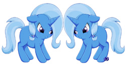 Size: 500x267 | Tagged: safe, artist:raininess, derpibooru import, trixie, pony, unicorn, blank flank, cute, diatrixes, duality, female, filly, mare, missing cutie mark, pouting, self paradox, younger