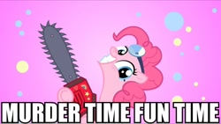 Size: 960x541 | Tagged: safe, pinkie pie, earth pony, pony, fanfic:cupcakes, chainsaw, image macro, professor genki's super ethical reality climax, saints row, saints row the third