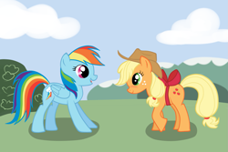 Size: 1125x750 | Tagged: safe, artist:marikaefer, applejack, rainbow dash, earth pony, pegasus, pony, appledash, blushing, bow, female, lesbian, shipping