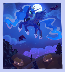 Size: 1500x1649 | Tagged: safe, artist:the-hare, princess luna, alicorn, bat, pony, flying, moon, night, solo, stars