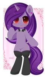 Size: 600x912 | Tagged: safe, artist:exceru-karina, oc, oc only, pony, unicorn, bipedal, clothes, colored pupils, commission, ear piercing, earring, female, jewelry, mare, piercing, solo, stockings, thigh highs, ych result