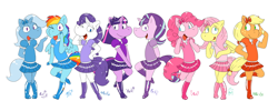 Size: 1500x600 | Tagged: safe, artist:machu, derpibooru import, applejack, fluttershy, pinkie pie, rainbow dash, rarity, starlight glimmer, trixie, twilight sparkle, earth pony, pegasus, pony, semi-anthro, unicorn, bow, clothes, dress, mane six