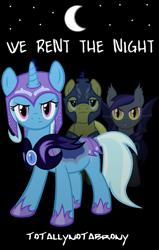 Size: 877x1381 | Tagged: safe, artist:totallynotabronyfim, derpibooru import, trixie, oc, oc:cracked mirror, oc:melon rind, bat pony, pony, armor, cover art, fanfic art, moon, night guard