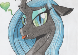 Size: 3400x2424 | Tagged: safe, artist:winterdominus, queen chrysalis, changeling, changeling queen, fangs, floppy ears, heart, looking at you, solo, tongue out, traditional art