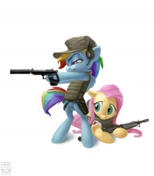 Size: 900x1029 | Tagged: safe, artist:minibot-1, fluttershy, rainbow dash, pegasus, pony, bipedal, clothes, female, gun, mare, simple background, weapon, white background