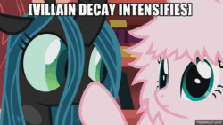 Size: 640x360 | Tagged: safe, queen chrysalis, oc, oc:fluffle puff, changeling, changeling queen, animated, image macro, meme