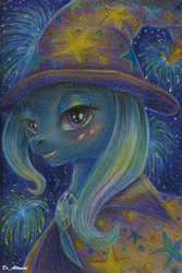 Size: 2965x4447 | Tagged: safe, artist:draltruist, derpibooru import, trixie, pony, unicorn, female, fireworks, grin, mare, solo, traditional art