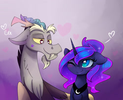 Size: 2255x1840 | Tagged: safe, artist:elementalokami, discord, princess luna, alicorn, pony, blushing, female, floppy ears, heart, heart eyes, kiss mark, lunacord, male, shipping, straight, wingding eyes