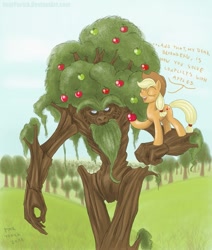 Size: 847x1000 | Tagged: safe, artist:pooryorick, applejack, bloomberg, earth pony, pony, apple, apple tree, beard, duo, ent, facial hair, female, food, lord of the rings, mare, tree