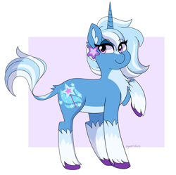 Size: 2048x2043 | Tagged: safe, artist:emera33, derpibooru import, trixie, classical unicorn, pony, unicorn, alternate design, alternate hairstyle, chest fluff, female, hairclip, leonine tail, mare, pale belly, smiling, socks (coat marking), solo, unshorn fetlocks