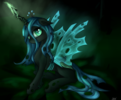 Size: 6000x5000 | Tagged: safe, artist:skajcia, queen chrysalis, changeling, changeling queen, absurd resolution, female, floppy ears, magic, sitting, smiling, solo, spread wings