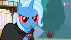 Size: 1280x720 | Tagged: safe, derpibooru import, screencap, trixie, magic duel, alicorn amulet, red eyes, solo