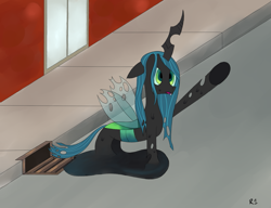 Size: 1599x1225 | Tagged: safe, artist:php8, queen chrysalis, changeling, changeling queen, female, melting, solo, worried