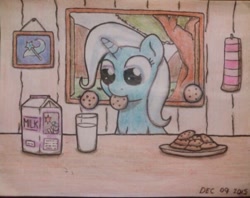 Size: 603x477 | Tagged: safe, artist:ljdamz1119, derpibooru import, trixie, pony, unicorn, colored, cookie, cute, diatrixes, female, food, mare, milk, milk carton, mouth hold, must be better, snack, solo, traditional art