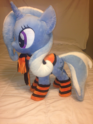 Size: 1024x1365 | Tagged: safe, artist:karasunezumi, derpibooru import, trixie, pony, unicorn, clothes, female, irl, mare, photo, plushie, saddle, scarf, socks, solo, striped socks