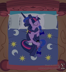 Size: 1024x1126 | Tagged: safe, artist:90sigma, princess luna, twilight sparkle, alicorn, pony, bed, bow, cuddling, female, hair bow, hug, lesbian, shipping, show accurate, sleeping, snuggling, tail bow, twiluna