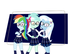 Size: 2059x1437 | Tagged: safe, artist:noahther, derpibooru import, lyra heartstrings, rainbow dash, trixie, equestria girls, clothes, fanfic art, glasses, school uniform, schoolgirl, skirt, socks, stockings, uniform