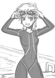 Size: 650x912 | Tagged: safe, artist:johnjoseco, rainbow dash, human, goggles, grayscale, humanized, monochrome, solo, swimmer, wetsuit