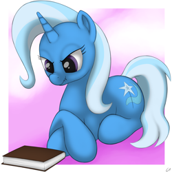 Size: 1540x1540 | Tagged: safe, artist:conscious-aberration, derpibooru import, trixie, pony, unicorn, book, female, grumpy, mare, prone, scrunchy face, simple background, solo