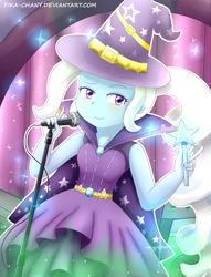 Size: 918x1200 | Tagged: safe, artist:pika-chany, derpibooru import, trixie, equestria girls, rainbow rocks, microphone, solo, wand