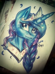 Size: 1200x1600 | Tagged: safe, artist:enjal, princess luna, alicorn, pony, braid, bust, female, mare, portrait, solo, traditional art