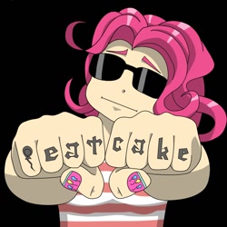 Size: 850x850 | Tagged: safe, artist:divinefolklore, pinkie pie, blackletter, fist, gangsta, humanized, sunglasses, tattoo