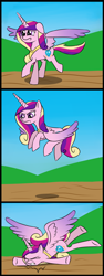 Size: 1000x2673 | Tagged: safe, artist:icesticker, princess cadance, alicorn, pony, comic, crash, eyes closed, floppy ears, flying, gritted teeth, running, solo, spread wings, underhoof