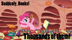 Size: 680x380 | Tagged: safe, pinkie pie, earth pony, pony, female, image macro, mare, pink coat, pink mane, solo, suddenly