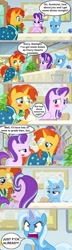 Size: 478x1671 | Tagged: safe, artist:silverbuller, derpibooru import, edit, edited screencap, screencap, phyllis, starlight glimmer, sunburst, trixie, pony, unicorn, a horse shoe-in, angry, blushing, comic, cross-popping veins, female, frustrated, male, screencap comic, shipper on deck, shipping, starburst, straight, subtle as a train wreck