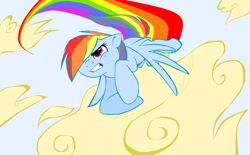 Size: 976x606 | Tagged: safe, artist:tikanii, rainbow dash, pegasus, pony, flying, gritted teeth, rainbow trail, solo, trail