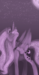 Size: 619x1192 | Tagged: safe, artist:tempusfidgets, princess luna, alicorn, pony, monochrome, moon, night, solo