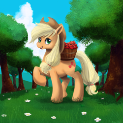 Size: 900x900 | Tagged: safe, artist:adailey, applejack, earth pony, pony, apple, food, raised hoof, solo, tree