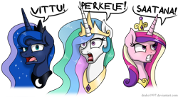 Size: 3100x1700 | Tagged: safe, artist:drako1997, princess cadance, princess celestia, princess luna, alicorn, pony, angry, dialogue, finnish, glare, gritted teeth, looking at you, open mouth, perkelestia, simple background, speech bubble, swearing, tongue out, transparent background, vulgar, wide eyes