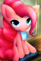 Size: 640x960 | Tagged: safe, artist:dshou, pinkie pie, earth pony, pony, female, food, ice cream, looking at you, mare, popsicle, sea salt ice cream, sitting, solo