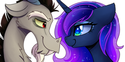 Size: 1500x750 | Tagged: safe, artist:elementalokami, discord, princess luna, alicorn, pony, bust, female, floppy ears, looking at each other, lunacord, male, portrait, shipping, simple background, smiling, straight, transparent background