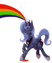 Size: 800x957 | Tagged: safe, artist:kolshica, princess luna, tiberius, alicorn, pony, cute, eyes closed, happy, open mouth, rainbow, raised hoof, s1 luna, simple background, smiling, white