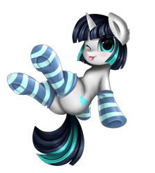 Size: 2550x2850 | Tagged: safe, artist:pridark, oc, oc only, oc:dragonfire, pony, unicorn, fallout equestria, fallout equestria: child of the stars, bicolor mane, clothes, commission, fallout, female, looking at you, mare, one eye closed, plot, simple background, smiling, socks, solo, stockings, striped socks, thigh highs, tongue out, transparent background, wink, ych result