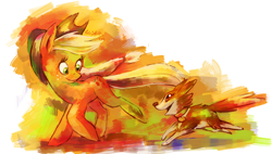 Size: 2608x1477 | Tagged: safe, artist:cuteskitty, applejack, winona, earth pony, pony, duo, pet, running