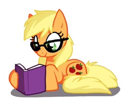 Size: 1000x859 | Tagged: safe, artist:cobracookies, applejack, earth pony, pony, book, glasses, prone, reading, smiling, solo