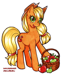 Size: 1256x1515 | Tagged: safe, artist:rianotc, applejack, earth pony, pony, apple, basket, food, simple background, solo, traditional art