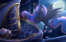 Size: 1280x831 | Tagged: safe, artist:sugaryviolet, princess luna, alicorn, pony, cake, canterlot castle, coffee, female, flying, food, mare, moon, smiling, solo