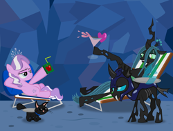 Size: 1646x1248 | Tagged: safe, artist:magerblutooth, diamond tiara, queen chrysalis, oc, oc:dazzle, cat, changeling, changeling queen, apple juice, cocktail, drink, helmet, juice box, lawn chair, plate
